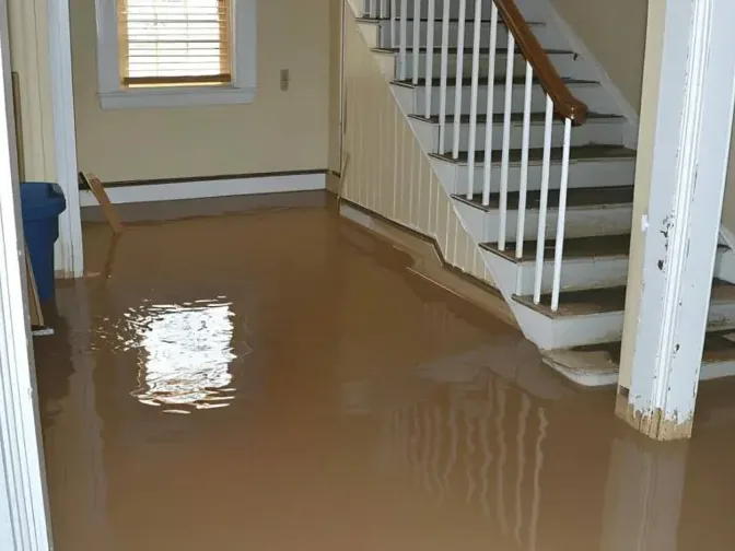 Muddy water pooled in a hallway at the foot of the stairs before extraction