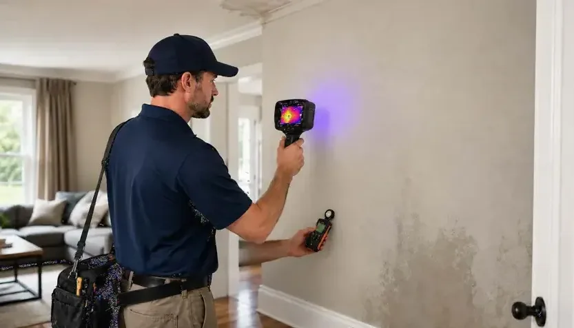 A technician scanning a stained wall with a thermal camera while holding a moisture meter