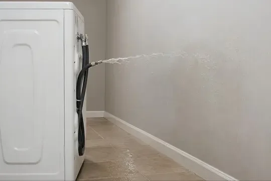 A washing machine supply hose spraying water onto a laundry floor