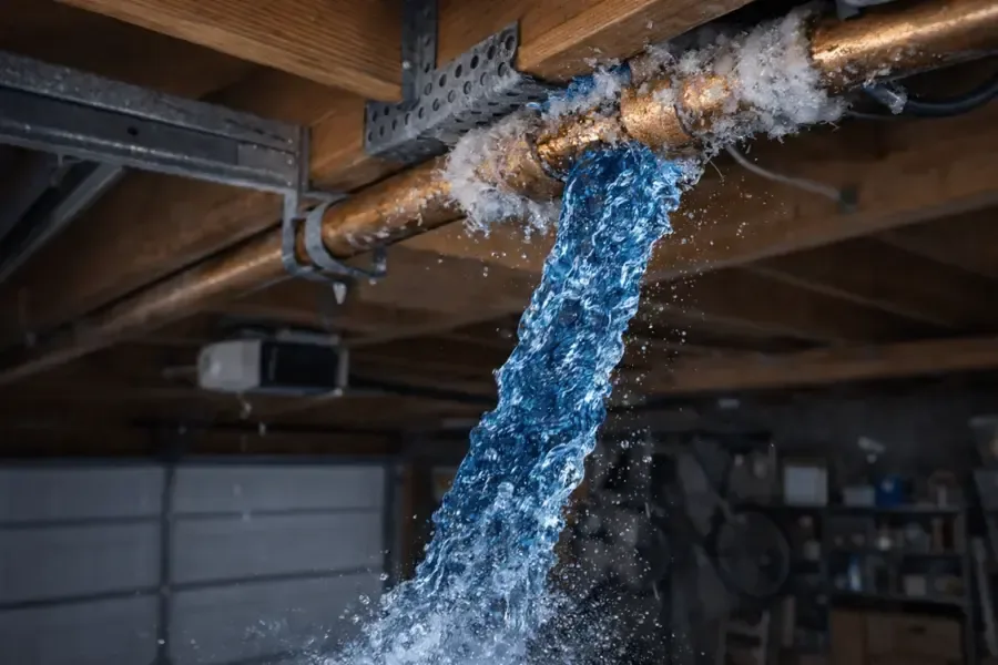 A split copper supply pipe spraying water from a garage ceiling