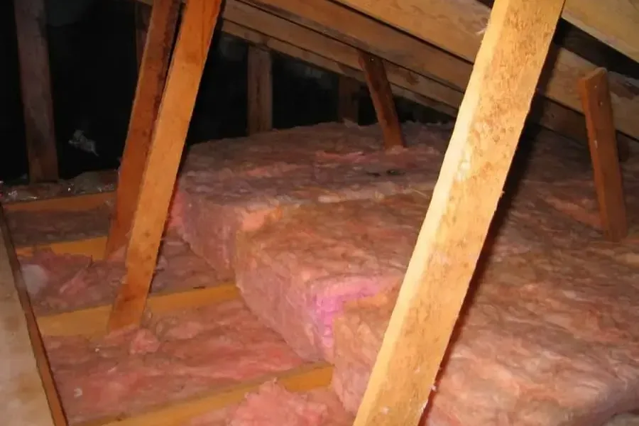 Wet attic rafters and pink insulation below a leaking roof