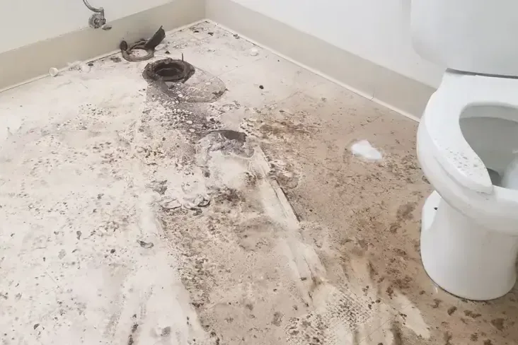 Sewage residue on a bathroom floor beside a toilet after a backup