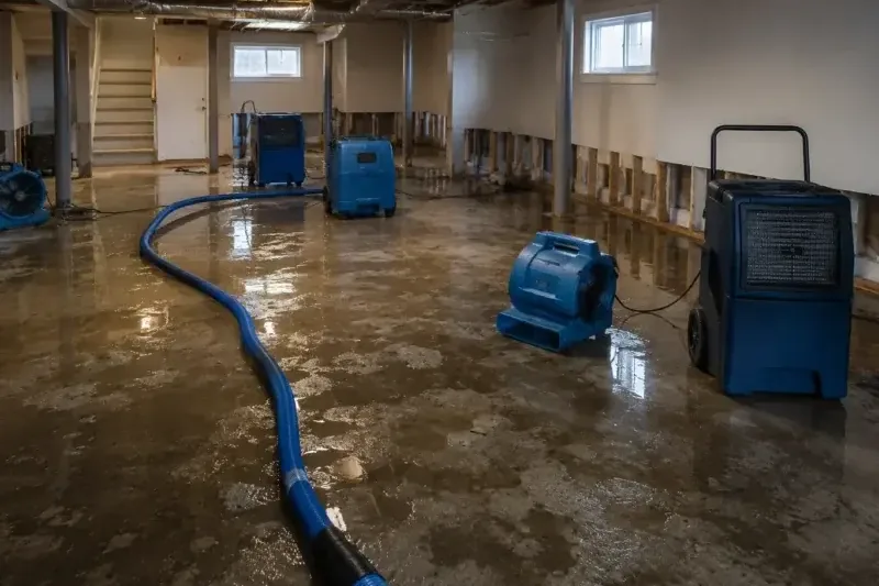 Air movers set across a wet floor during structural drying