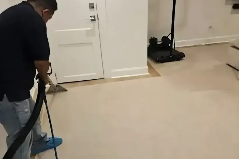 Extraction wand pulling water out of soaked carpet in a finished room