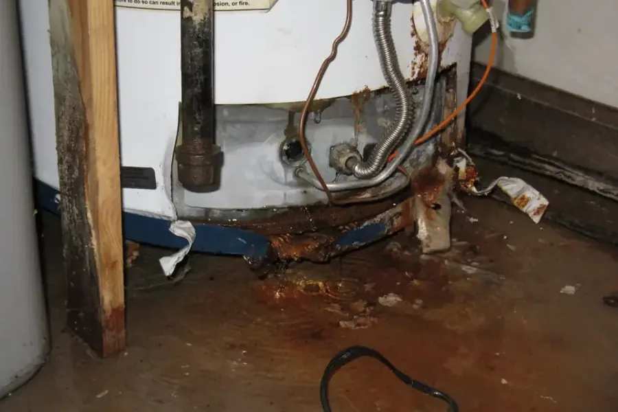 Water spread across a utility room floor from a rusted water heater base